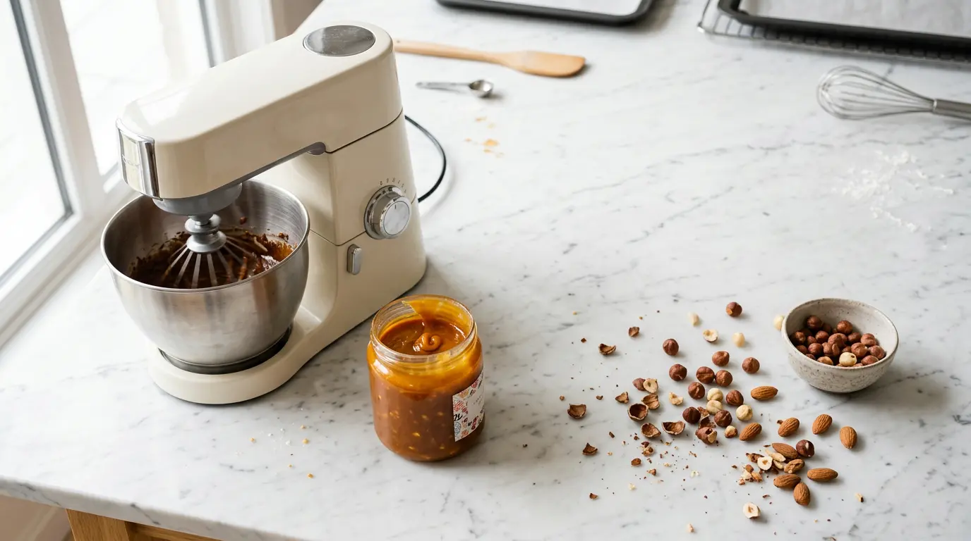 Vue aérienne d'un atelier de pâtisserie avec praliné fluide et mixeur