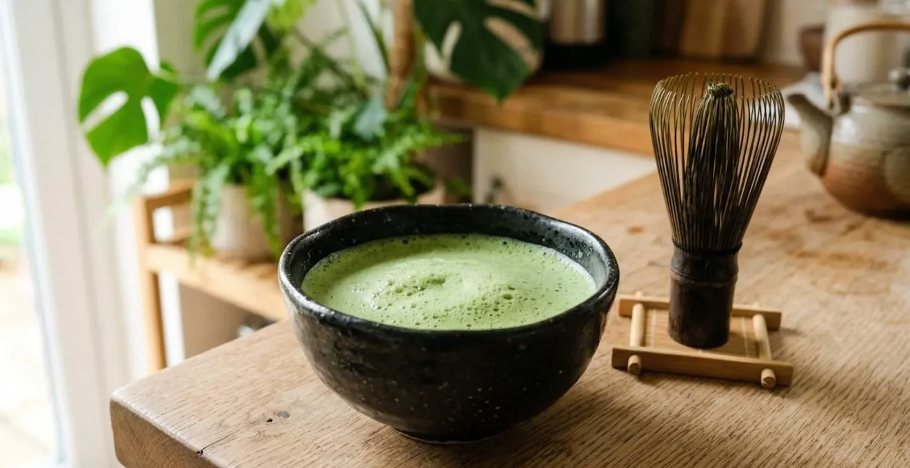 Préparation de matcha avec fouet chasen en bambou dans un bol chawan noir