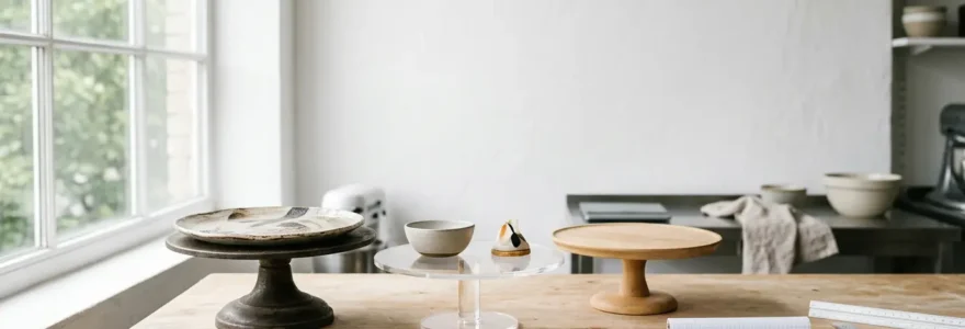 Présentoirs à gâteaux disposés sur une table de travail avec calculatrice et feuilles de calcul, éclairage naturel de fenêtre