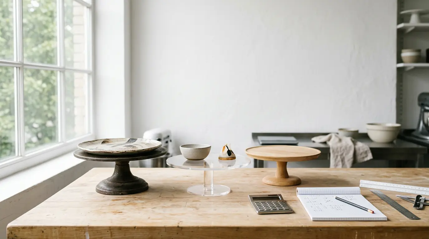Présentoirs à gâteaux disposés sur une table de travail avec calculatrice et feuilles de calcul, éclairage naturel de fenêtre