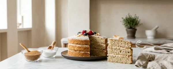 Gâteau moelleux avec substituts de sucre naturels sur plan de travail en marbre