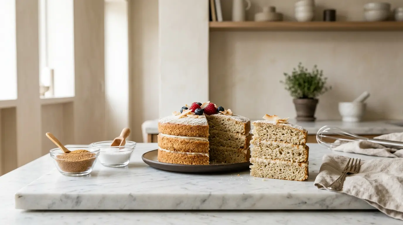 Gâteau moelleux avec substituts de sucre naturels sur plan de travail en marbre