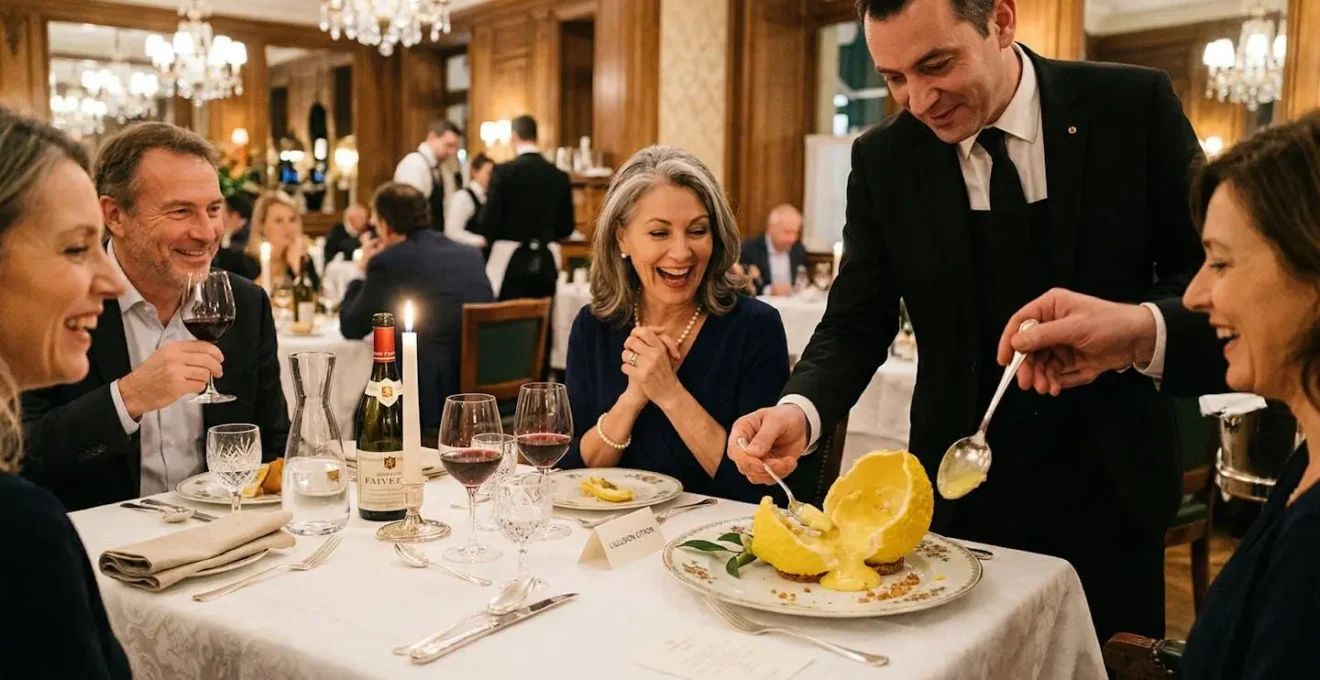 Moment de révélation d'un trompe-l'œil pâtissier lors d'un dîner français