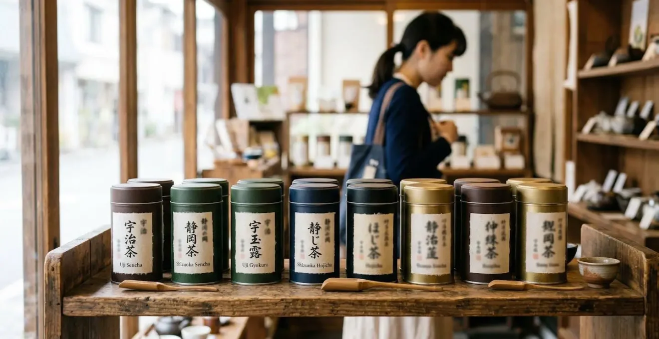 Boîtes de thé japonais alignées sur étagère en bois avec étiquettes d'origine