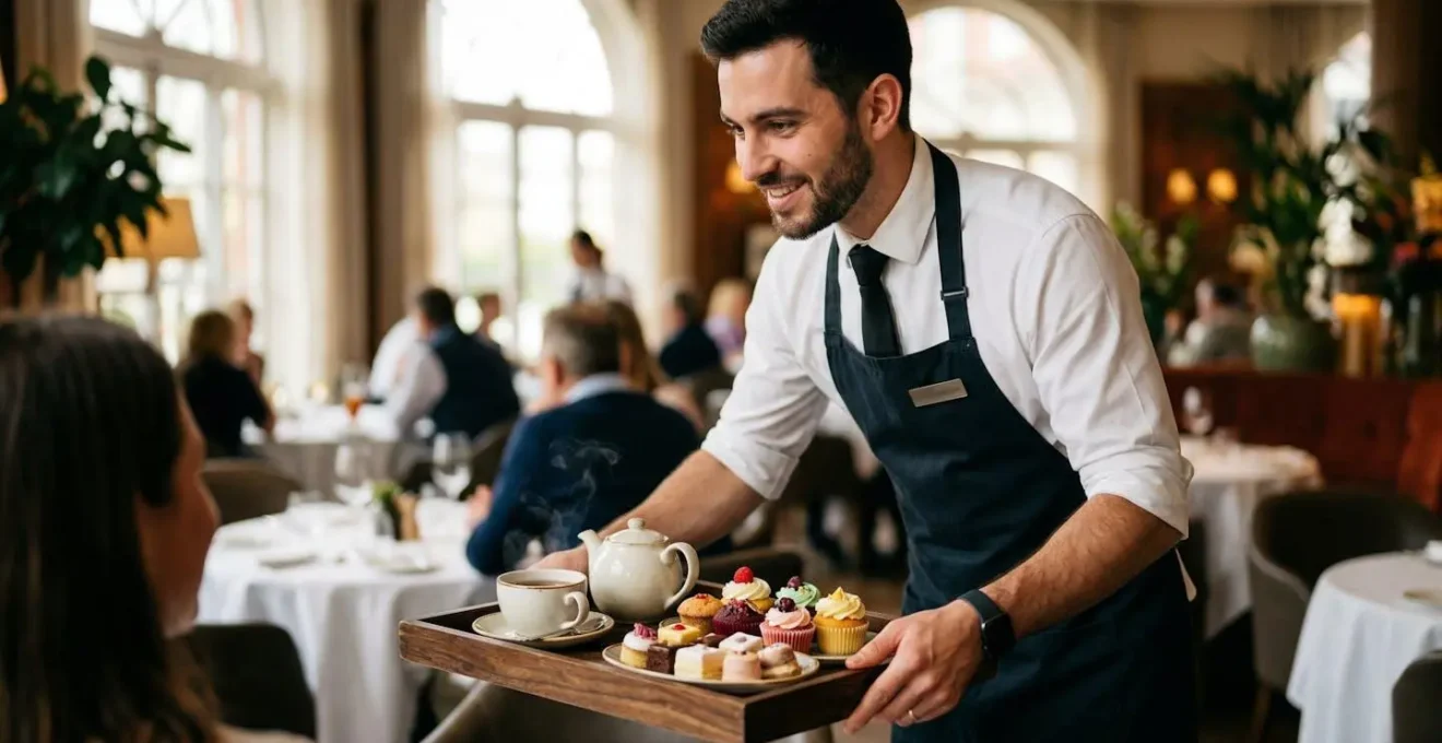 Serveur présentant un service thé avec plateau théière et pâtisseries en restaurant gastronomique