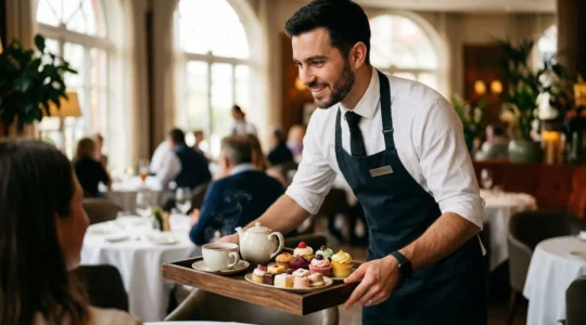 Serveur présentant un service thé avec plateau théière et pâtisseries en restaurant gastronomique