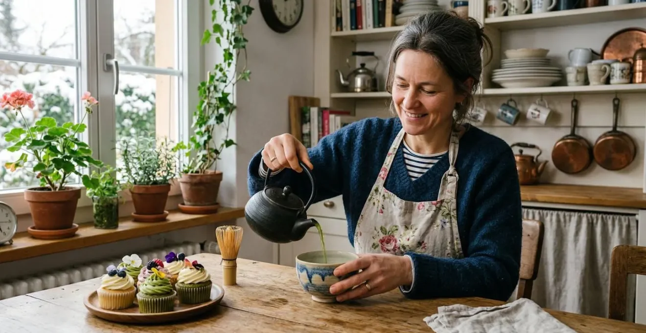 Femme versant du thé vert japonais dans un bol avec cupcakes sur table en bois