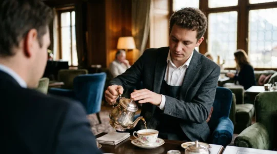 Service du thé élégant dans un salon d'hôtel de luxe suisse