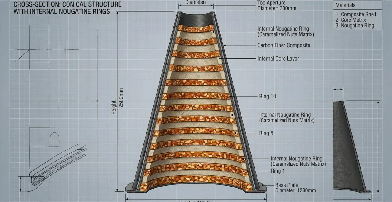 Vue en coupe d'une structure conique avec anneaux de nougatine internes