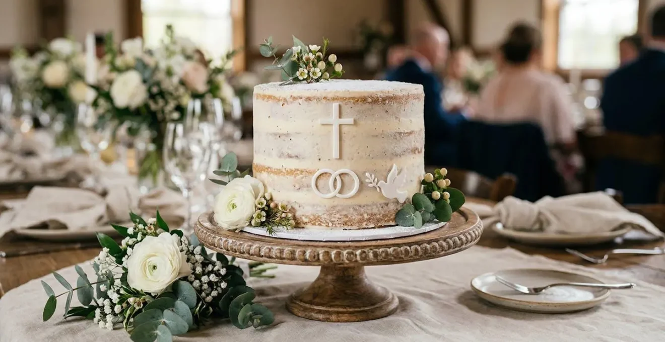 Décoration minimaliste de symboles religieux en sucre sur un Nude Cake élégant