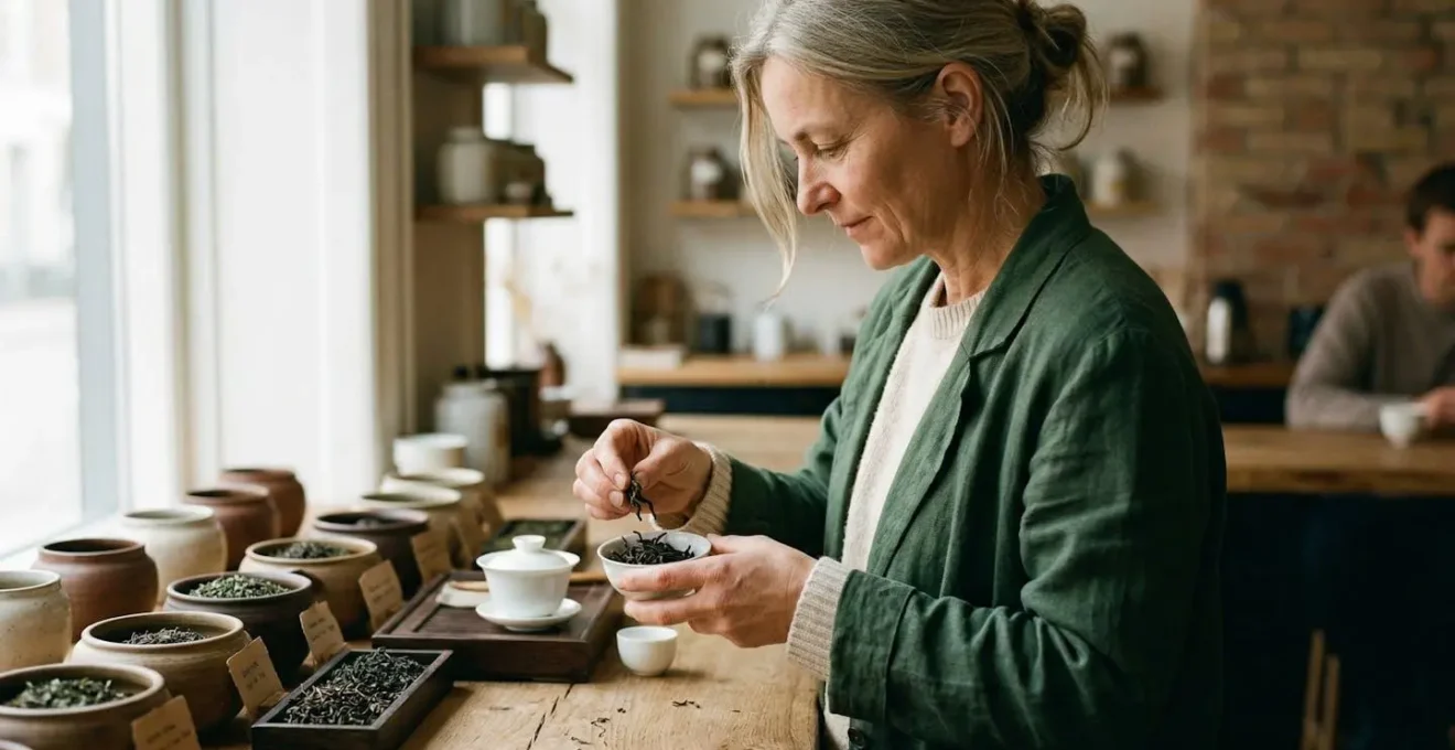 Tea master examinant des feuilles de thé premium dans un atelier de dégustation