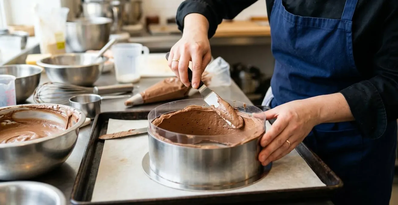Application de mousse sur les parois d'un cercle à pâtisserie avec une spatule