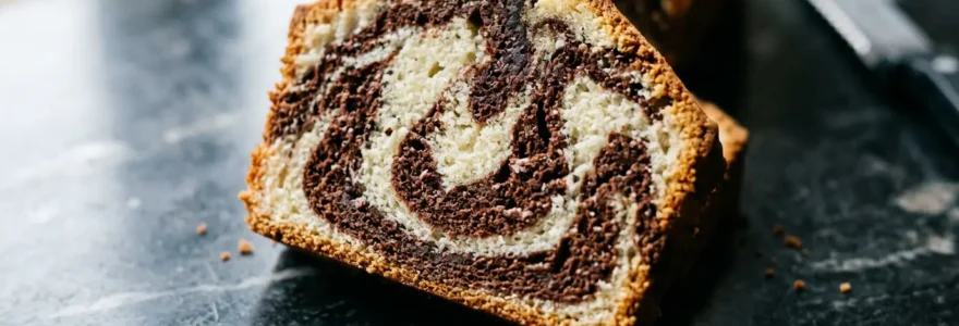 Gâteau marbré coupé révélant des volutes parfaites de chocolat et vanille