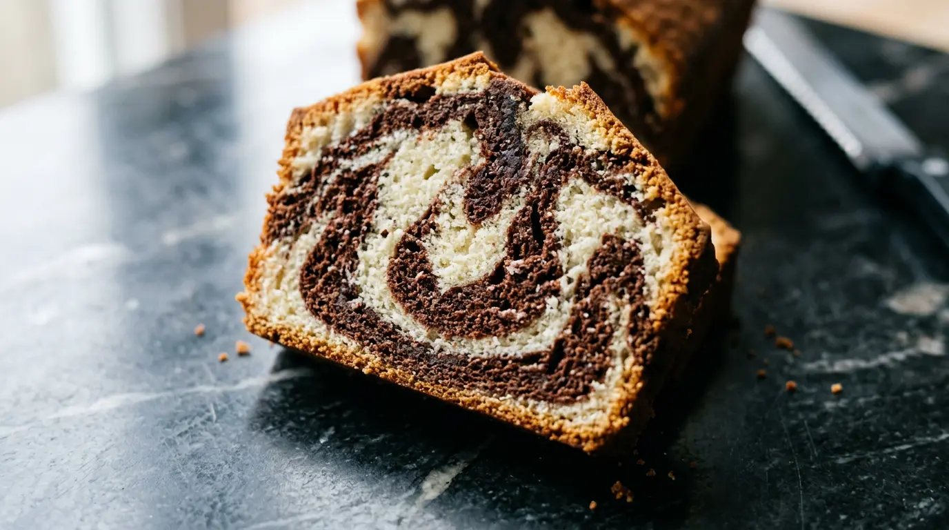 Gâteau marbré coupé révélant des volutes parfaites de chocolat et vanille