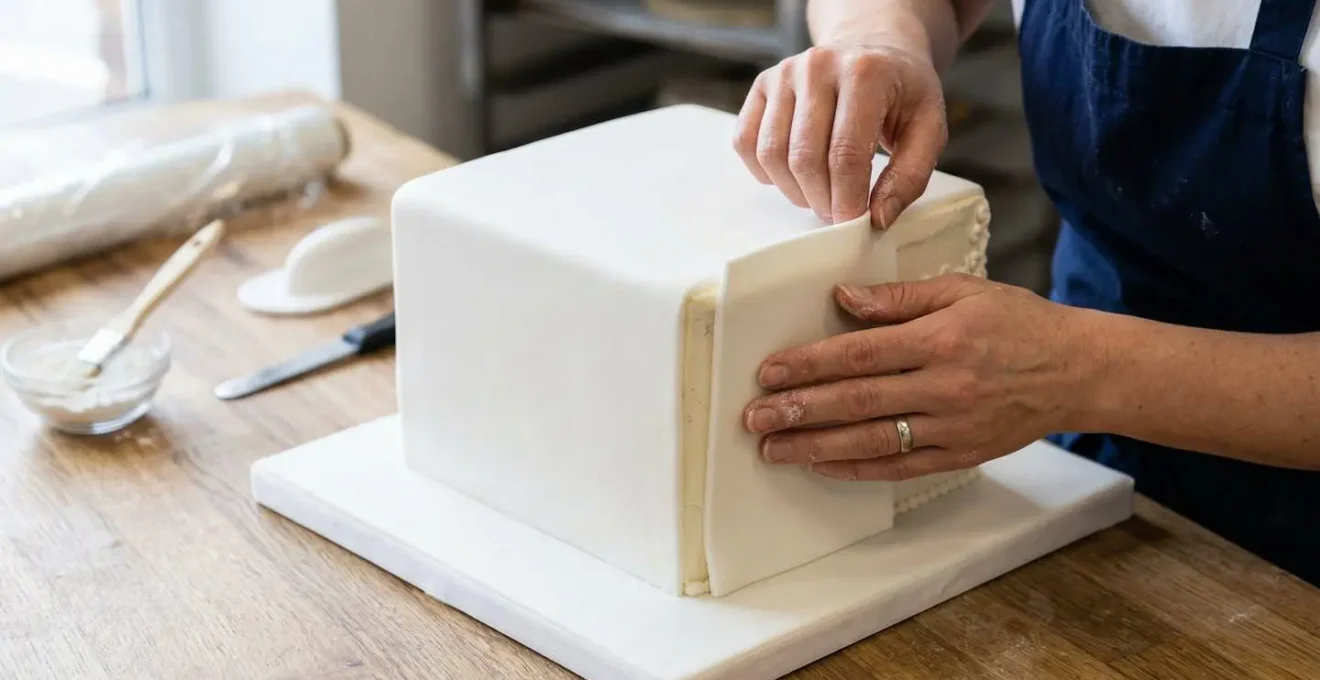 Mains appliquant délicatement un panneau de pâte à sucre sur le côté d'un gâteau carré