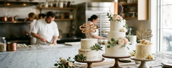 Toppers en acrylique et bois sur un gâteau de mariage avec détails de textures et surfaces