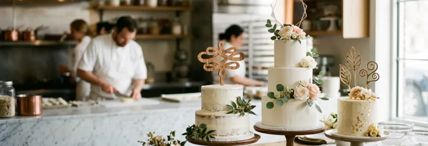 Toppers en acrylique et bois sur un gâteau de mariage avec détails de textures et surfaces