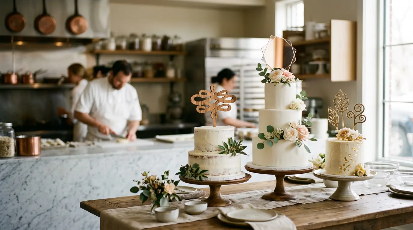 Toppers en acrylique et bois sur un gâteau de mariage avec détails de textures et surfaces