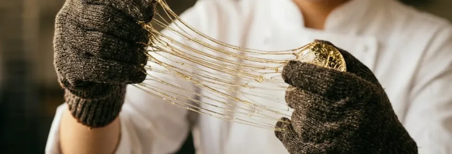 Pâtissier travaillant l'isomalt avec précision et concentration dans un atelier professionnel