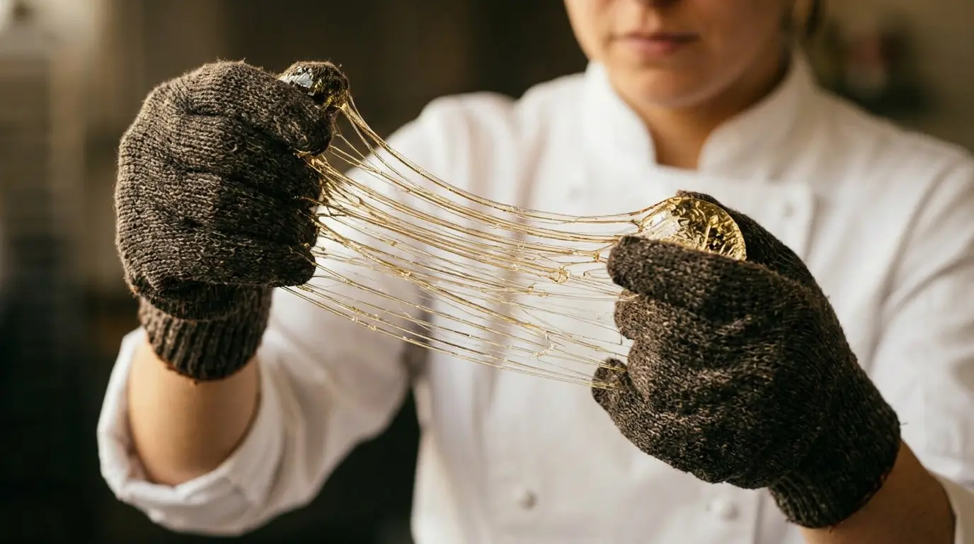 Pâtissier travaillant l'isomalt avec précision et concentration dans un atelier professionnel