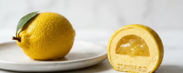Pâtisserie trompe-l'œil française représentant un citron hyperréaliste avec une coupe révélant l'intérieur complexe