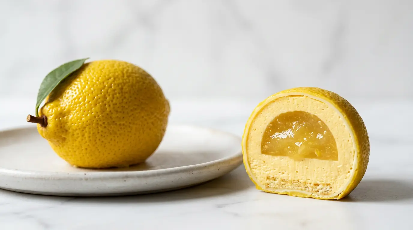 Pâtisserie trompe-l'œil française représentant un citron hyperréaliste avec une coupe révélant l'intérieur complexe