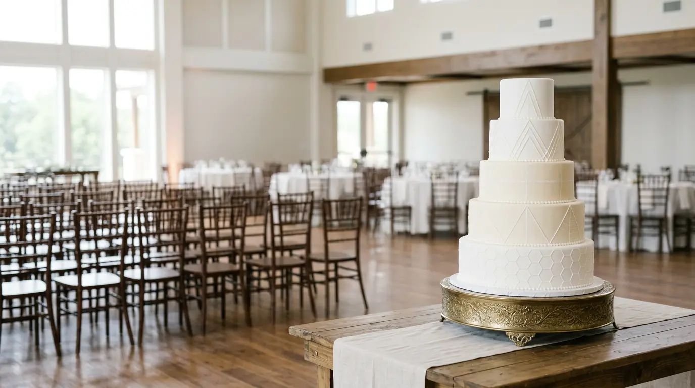 Gâteau de mariage à cinq étages avec découpe professionnelle et portions marquées