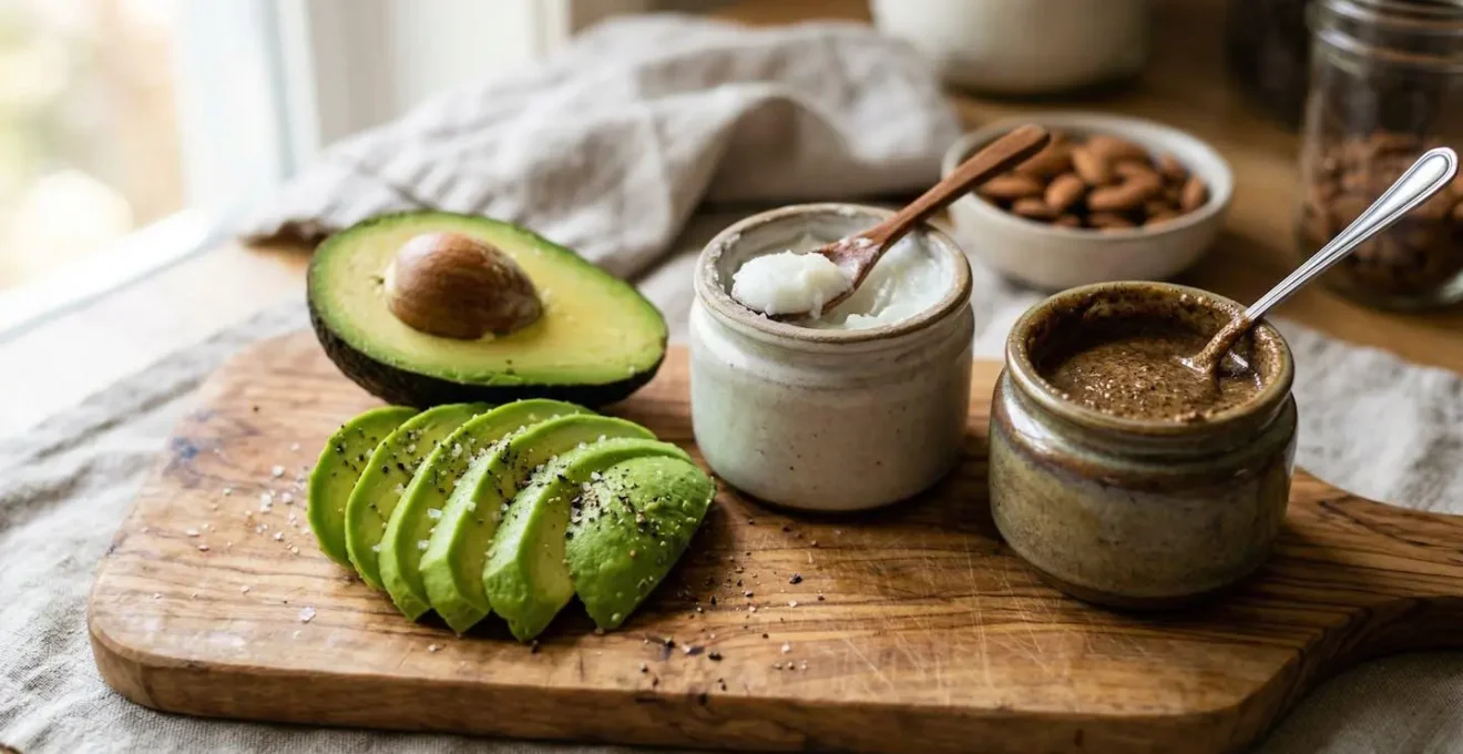 Gros plan sur des ingrédients sains disposés sur une planche : avocat coupé, huile de coco et purée d'amandes