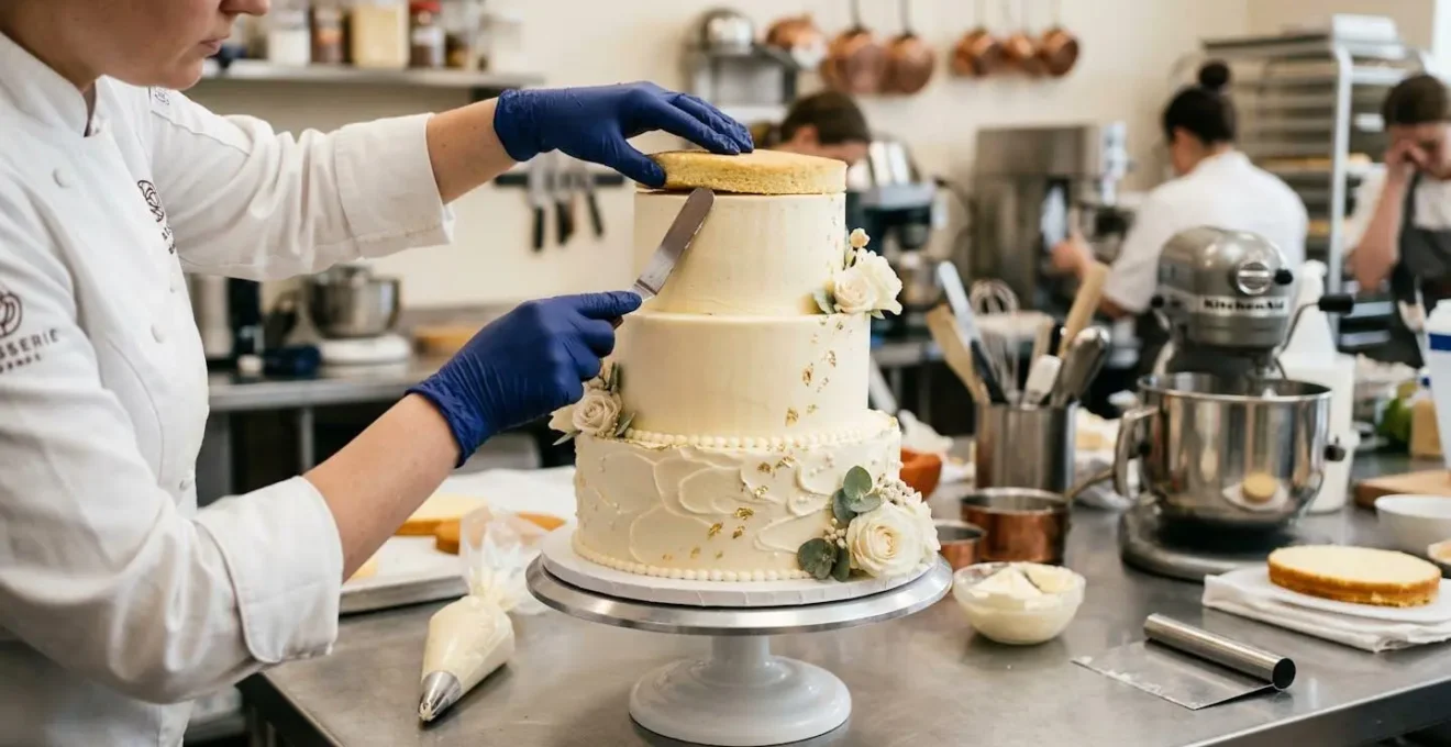 Mains de pâtissier assemblant délicatement les étages d'une pièce montée avec des outils professionnels