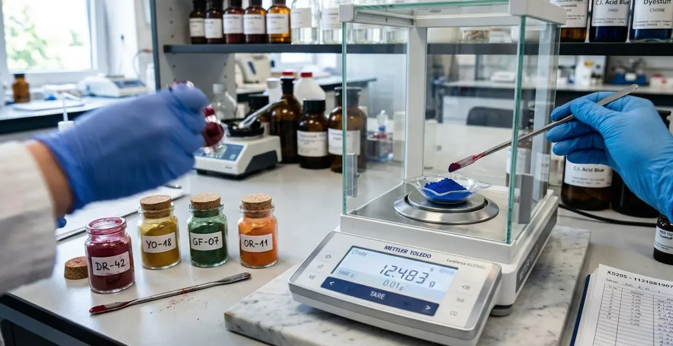 Balance de précision avec différents colorants en poudre pesés au centième de gramme