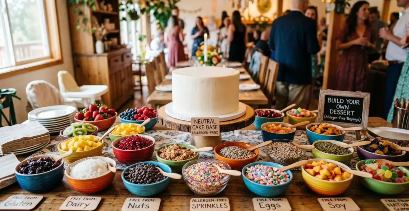 Table buffet avec base de gâteau neutre entourée de bols de garnitures colorées sans allergènes