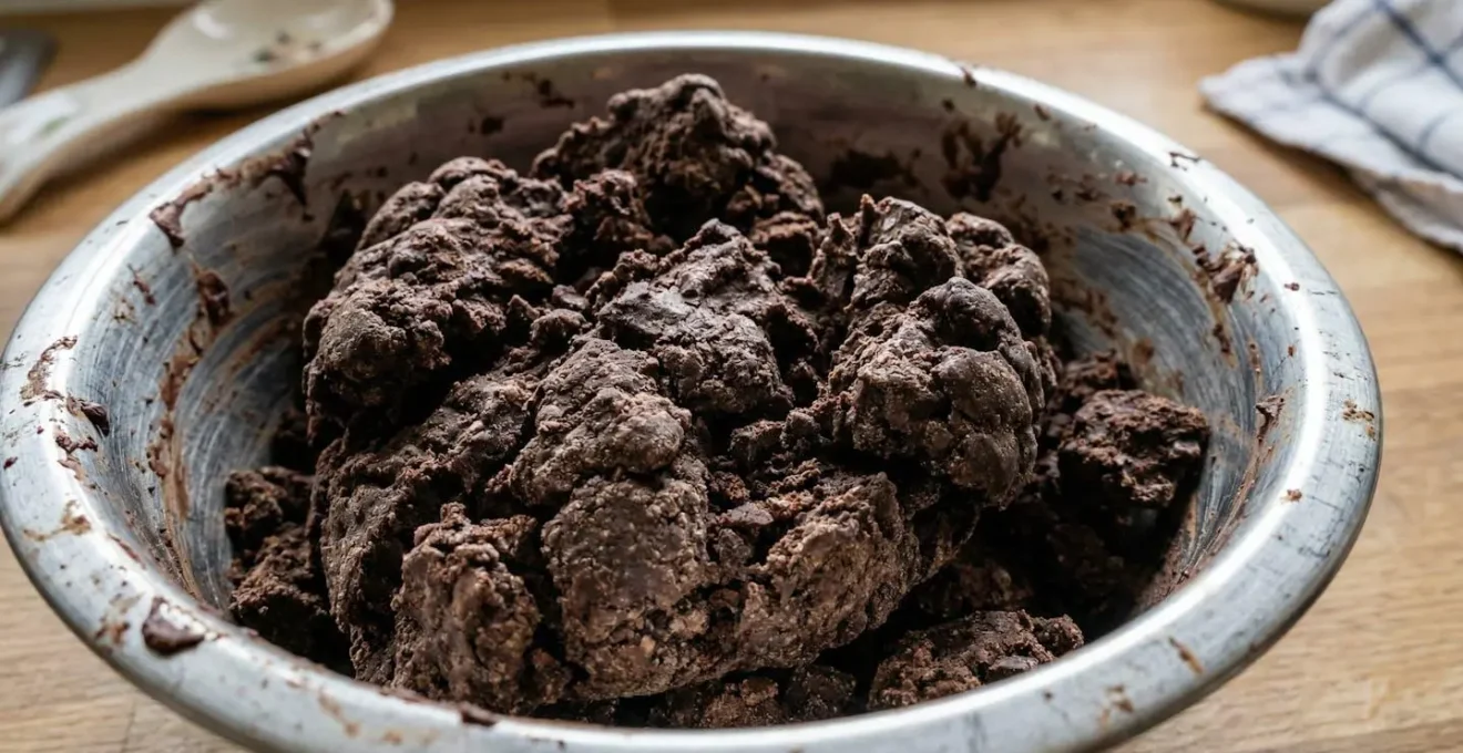 Gros plan sur une masse de chocolat durcie montrant la texture grumeleuse caractéristique du seizing