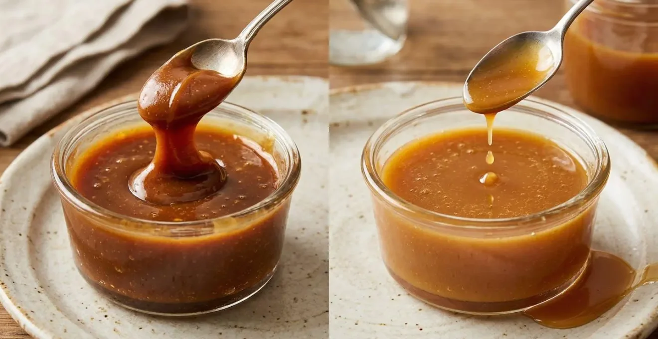 Macro détaillée de deux textures de caramel côte à côte montrant les différences de viscosité et structure