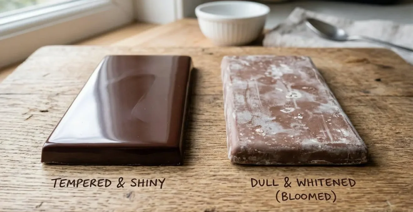 Comparaison visuelle entre chocolat de couverture tempéré brillant et chocolat de supermarché mat et blanchi