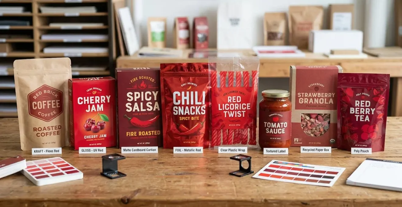 Échantillons d'impressions alimentaires montrant différentes nuances de rouge sur supports variés