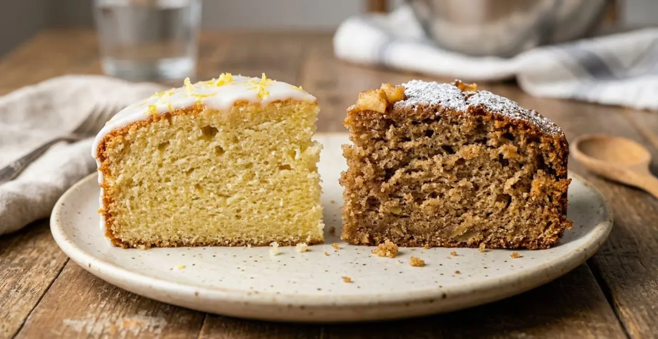 Deux tranches de gâteau côte à côte montrant les différences de texture entre version yaourt grec et version compote de pomme