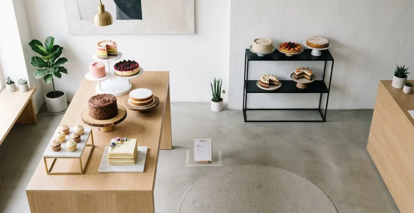Vue d'ensemble minimaliste d'un espace montrant différents styles de présentoirs avec gâteaux assortis
