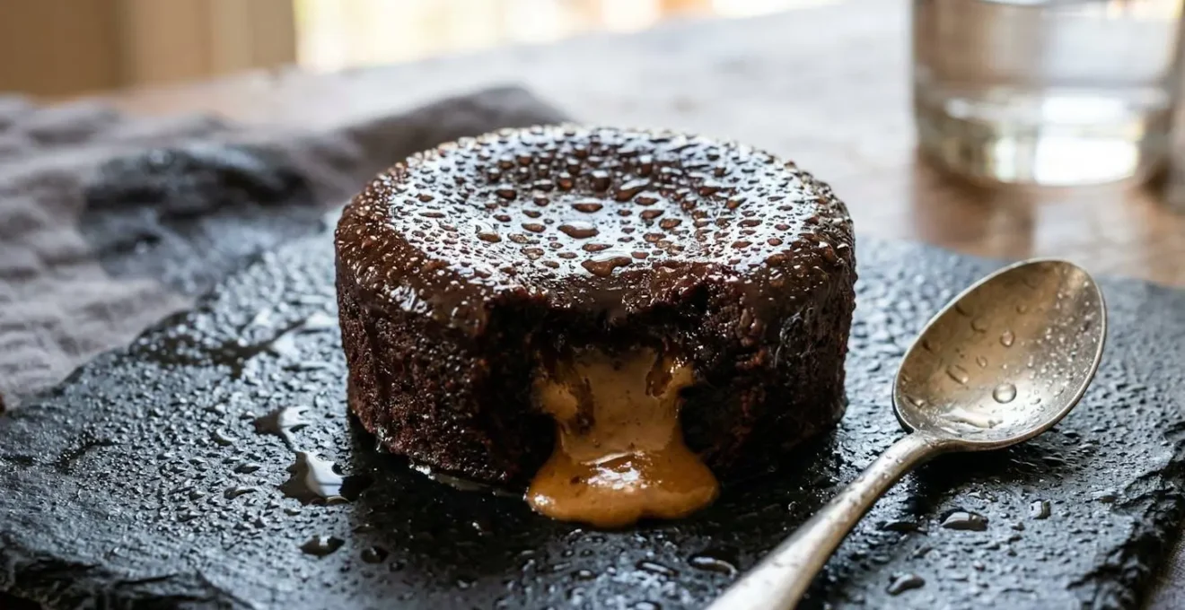 Entremets glacé partiellement décongelé montrant des gouttelettes de condensation sur surface brillante