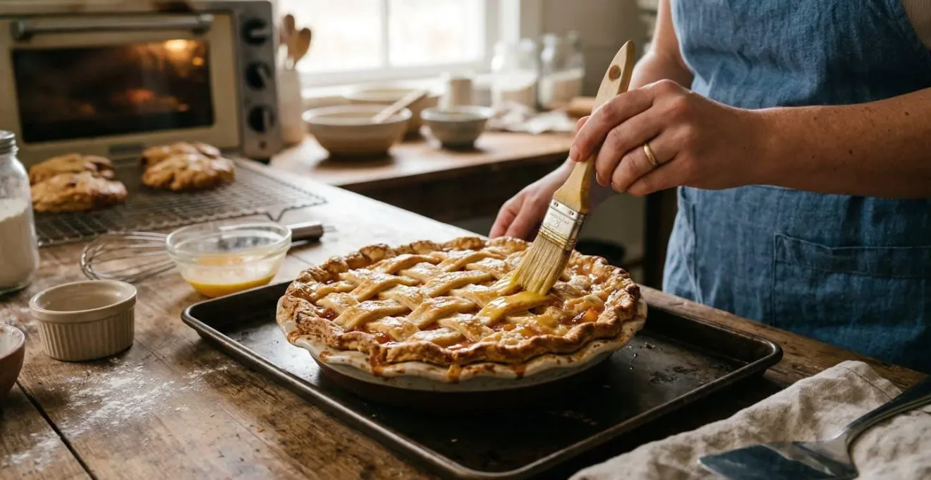 Application de dorure à l'œuf sur un fond de tarte en fin de cuisson