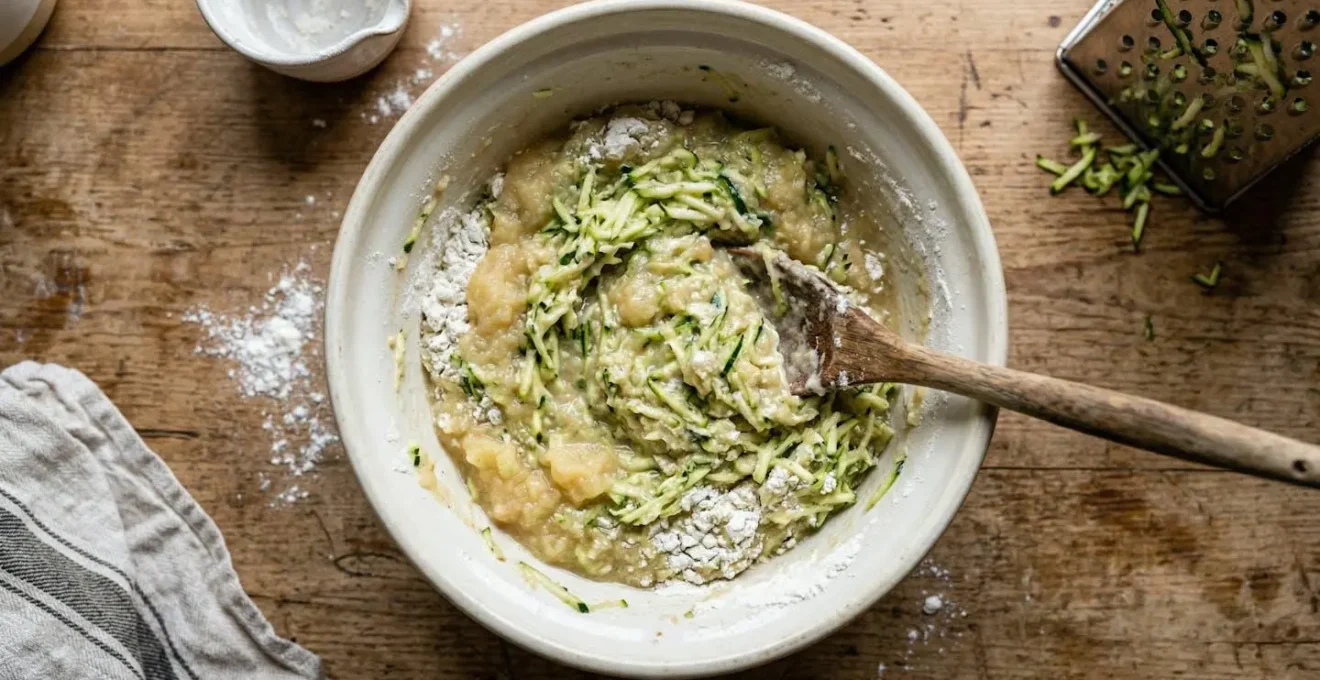 Vue aérienne d'un bol de préparation avec courgettes râpées et compote de pommes mélangées à de la farine