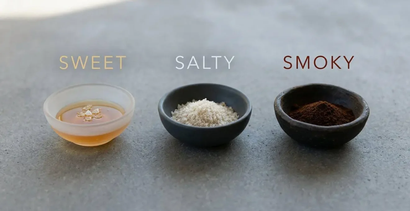Composition minimaliste montrant l'équilibre des saveurs sucrées, salées et fumées