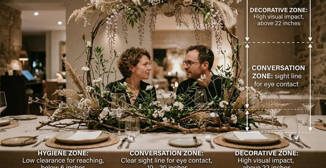 Vue latérale d'un centre de table montrant les différentes zones de hauteur pour l'hygiène et la conversation