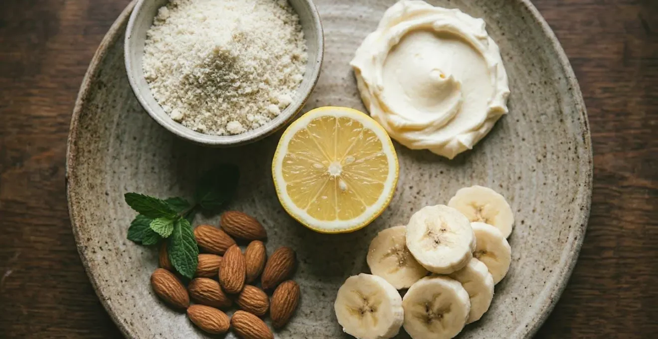 Arrangement artistique d'ingrédients naturels tampons : poudre d'amande, mascarpone et banane mûre disposés autour d'un citron coupé