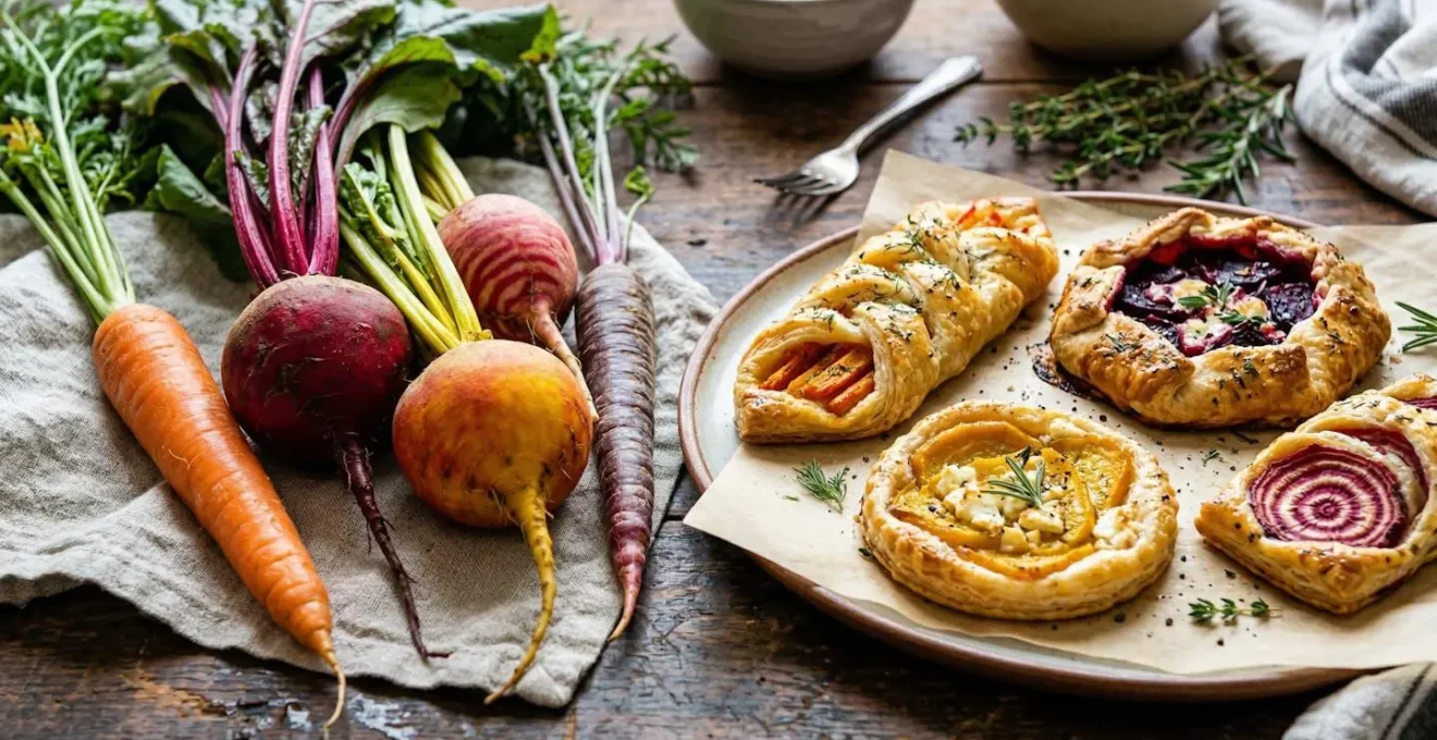 Gros plan sur des légumes racines colorés et leurs versions en pâtisserie