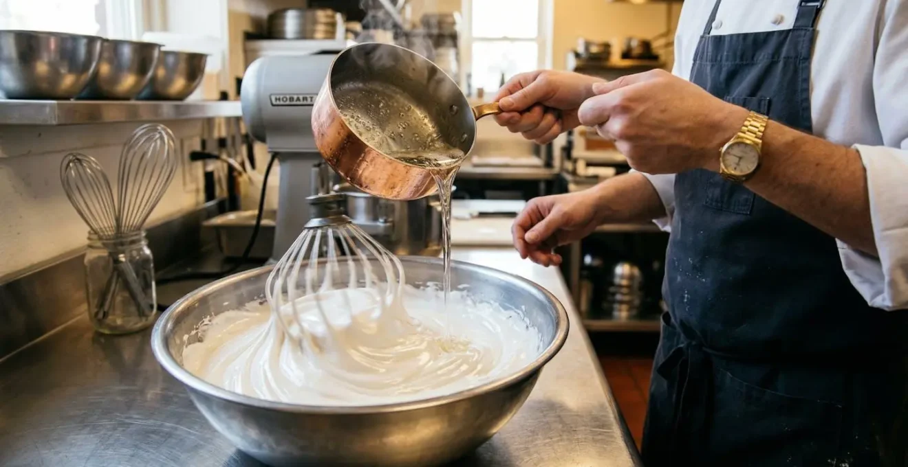Préparation d'une meringue italienne avec versement du sirop de sucre chaud sur les blancs montés, texture brillante et soyeuse visible
