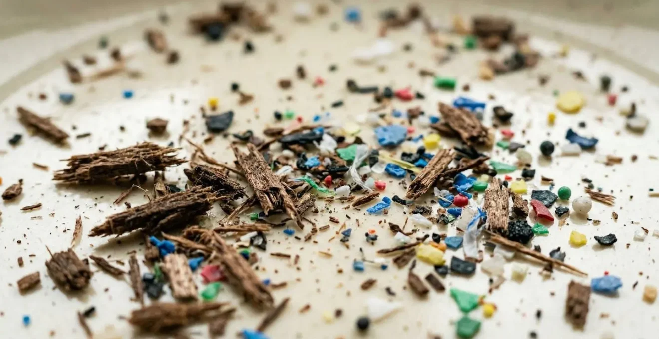 Vue macro extrême de particules de bois et plastique sur une surface crémeuse, illustrant le danger invisible de la contamination.