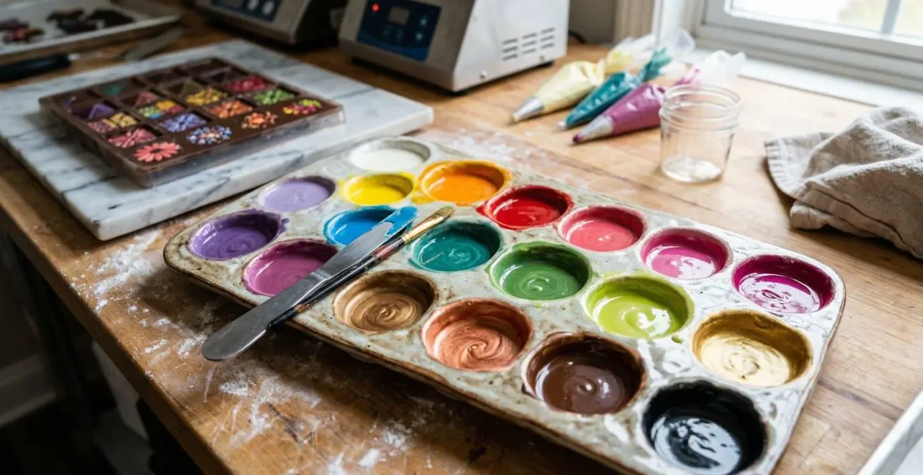 Palette de beurres de cacao colorés dans différentes nuances pour décoration chocolat