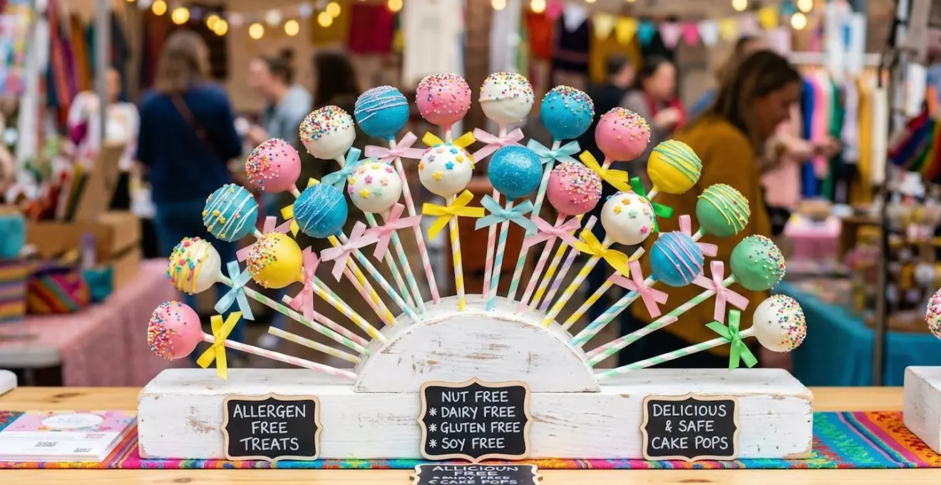 Pop cakes sur bâtonnets colorés disposés en éventail sur un présentoir avec différentes décorations sans allergènes