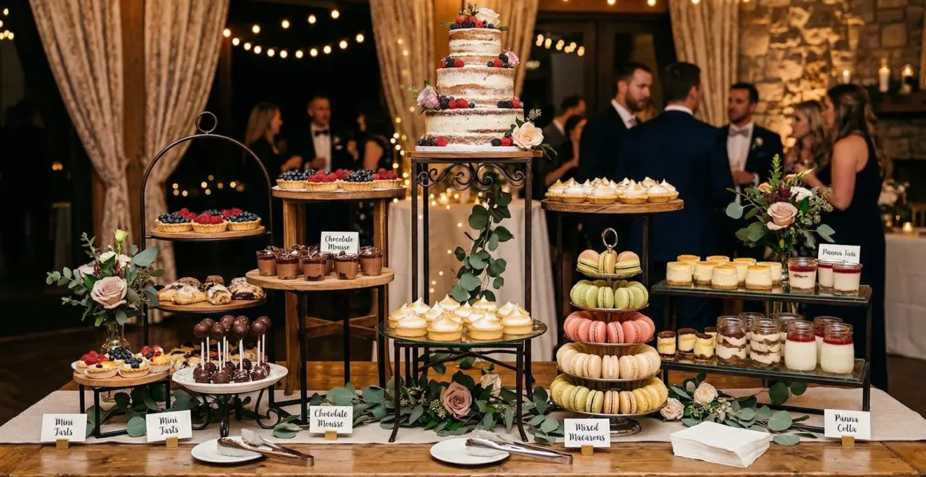 Présentoirs à différentes hauteurs créant une présentation dynamique pour buffet de mignardises