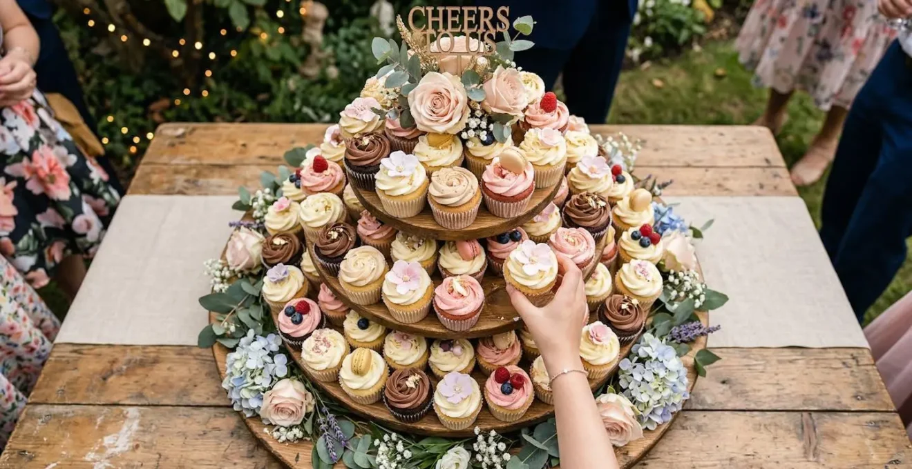 Arrangement créatif de cupcakes formant un gâteau collectif déconstructible